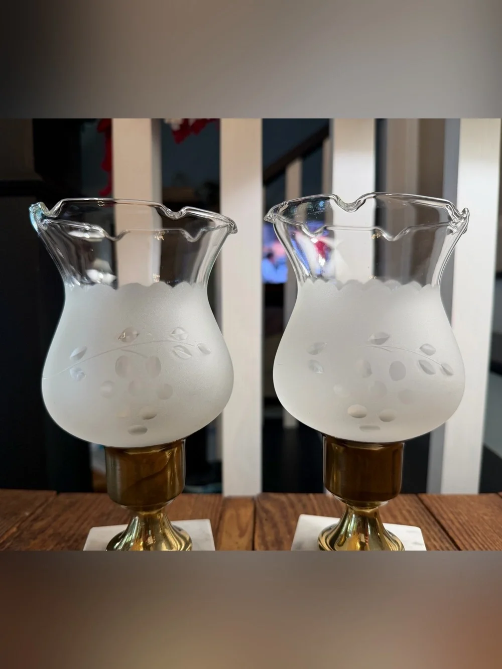 Frosted Glass and Brass Table Candle Lamp Pair with Marble Base